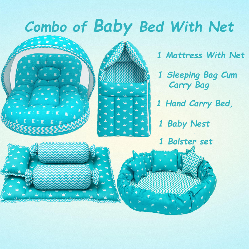 Fareto New Born Baby Full Bedding Set Combo (Crown Blue) (0-6 Months)