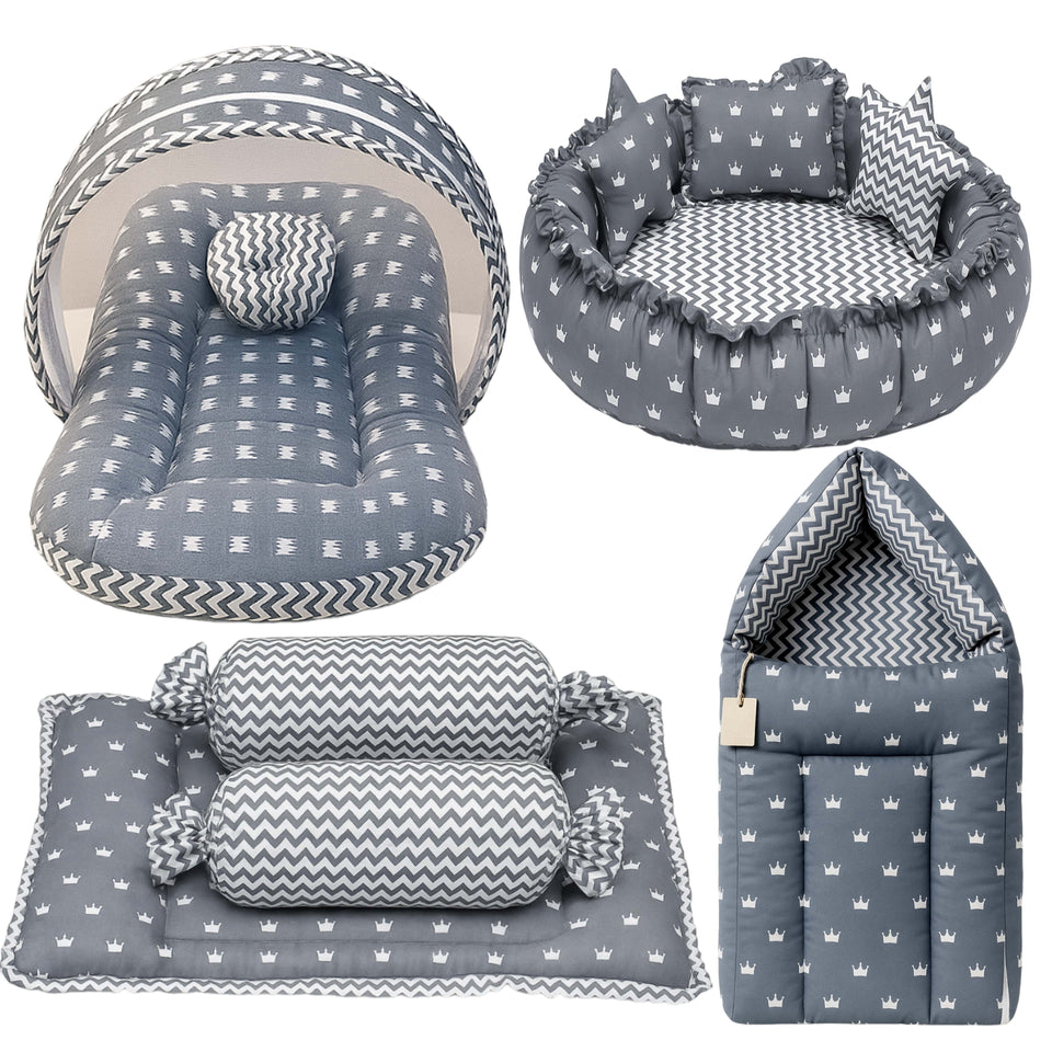 Fareto New Born Baby Full Bedding Set Combo (Crown Grey) (0-6 Months)