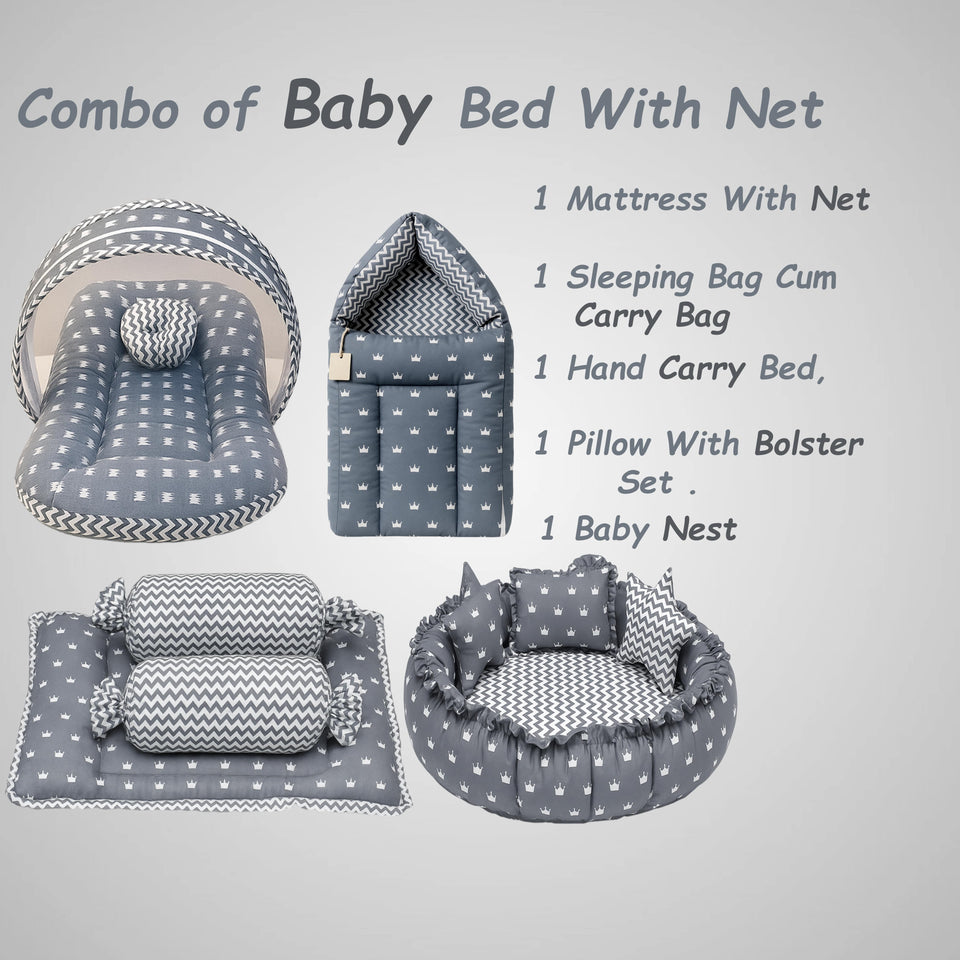 Fareto New Born Baby Full Bedding Set Combo (Crown Grey) (0-6 Months)