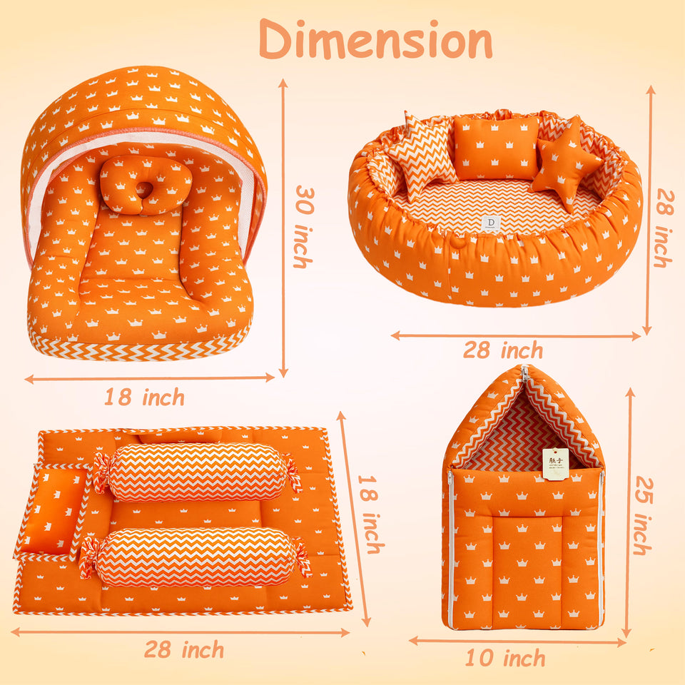 Fareto New Born Baby Full Bedding Set Combo (Crown Orange) (0-6 Months)