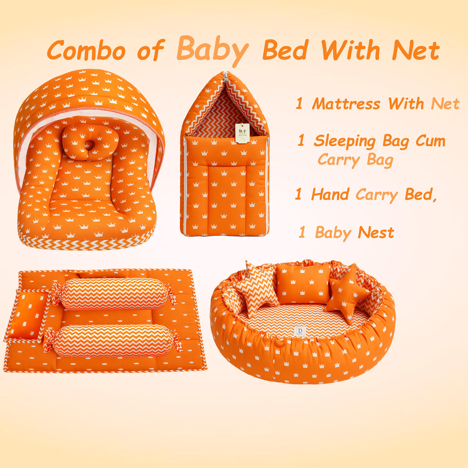 Fareto New Born Baby Full Bedding Set Combo (Crown Orange) (0-6 Months)