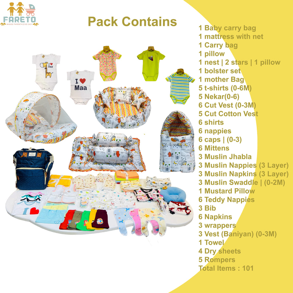 FARETO NEW BORN BABY PREMIUM QUALITY 101 SUMMER & MODERATE COMBO BABY ESSENTIALS ALL IN 1(0-6 MONTHS)(F552)