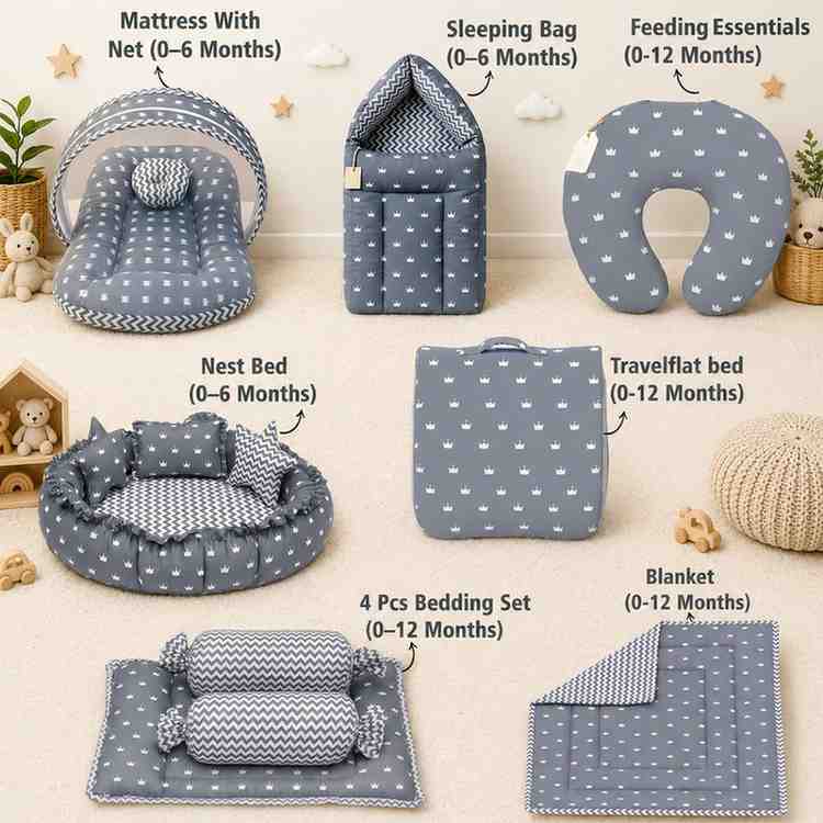 Fareto Baby bedding Essentials 1 Nest | 1 Mattress with net | 1 Carry bed | 1 Bolster set | 1 Carry bag | 1 Portable bed | 1 Feeding pillow | 1 Blanket (0-6M)(F284)