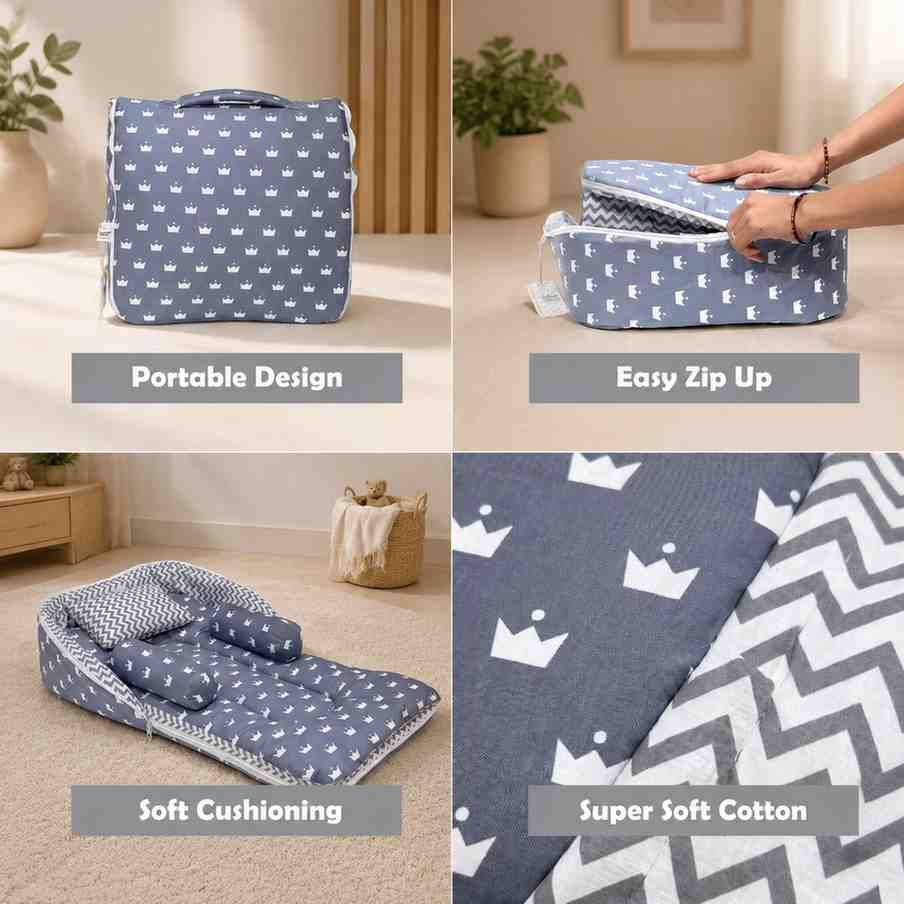 Fareto Baby bedding Essentials 1 Nest | 1 Mattress with net | 1 Carry bed | 1 Bolster set | 1 Carry bag | 1 Portable bed | 1 Feeding pillow | 1 Blanket (0-6M)(F284)