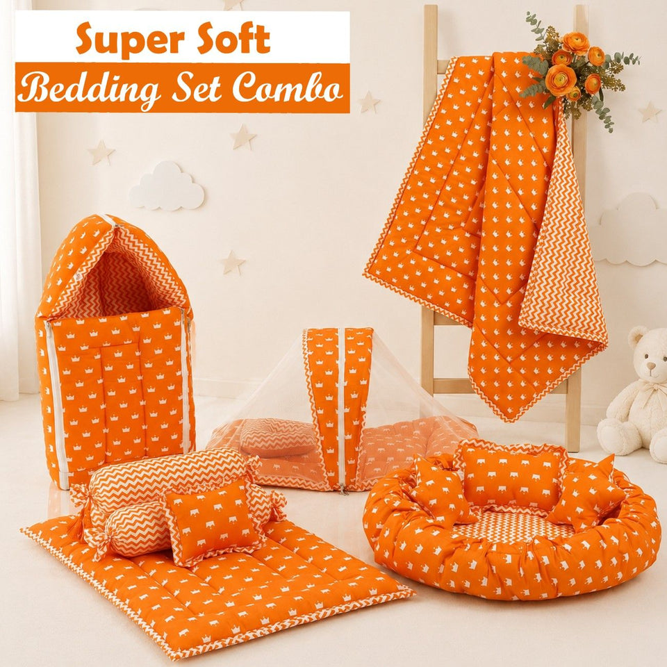 Fareto New Born Baby Full Bedding Set Combo (Crown Orange) (0-6 Months)(F341)
