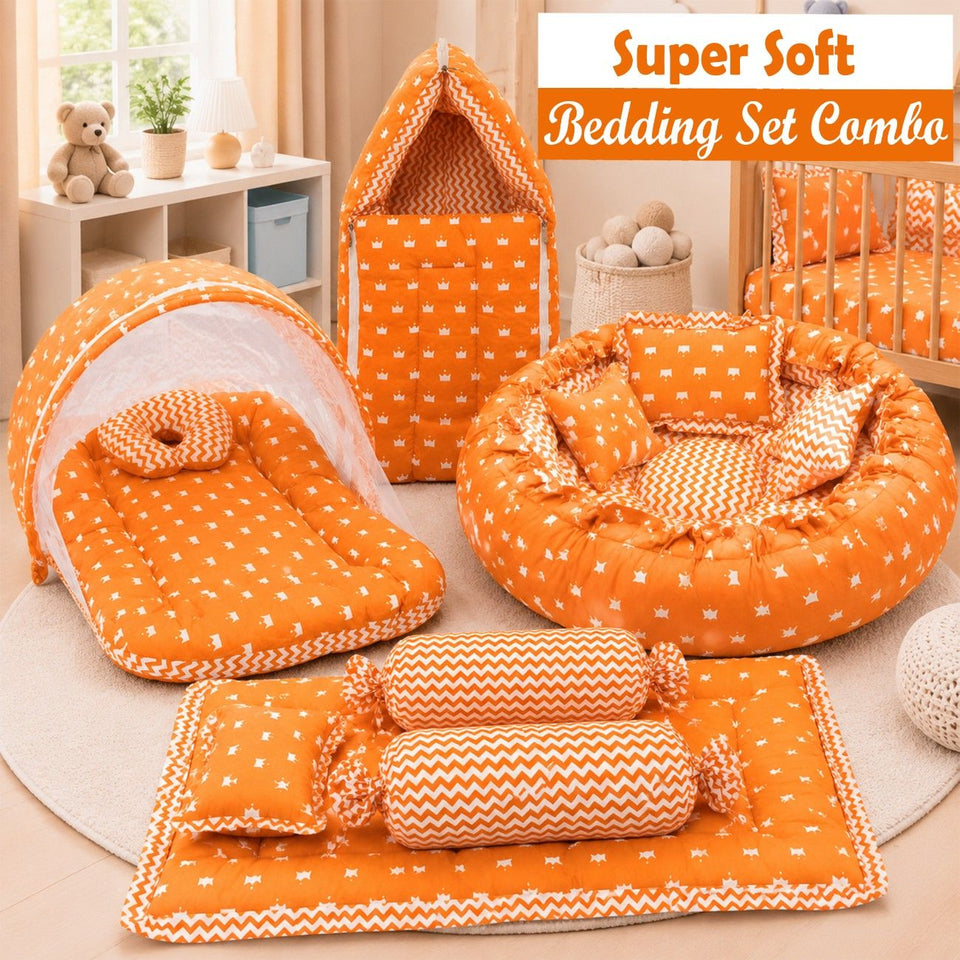 Fareto New Born Baby Full Bedding Set Combo (Crown Orange) (0-6 Months)(F21)