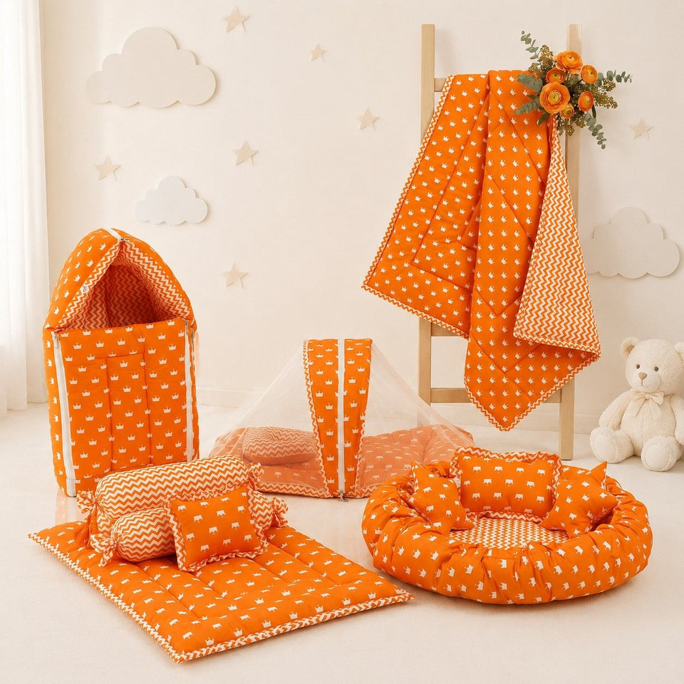 Fareto New Born Baby Full Bedding Set Combo (Crown Orange) (0-6 Months)(F341)