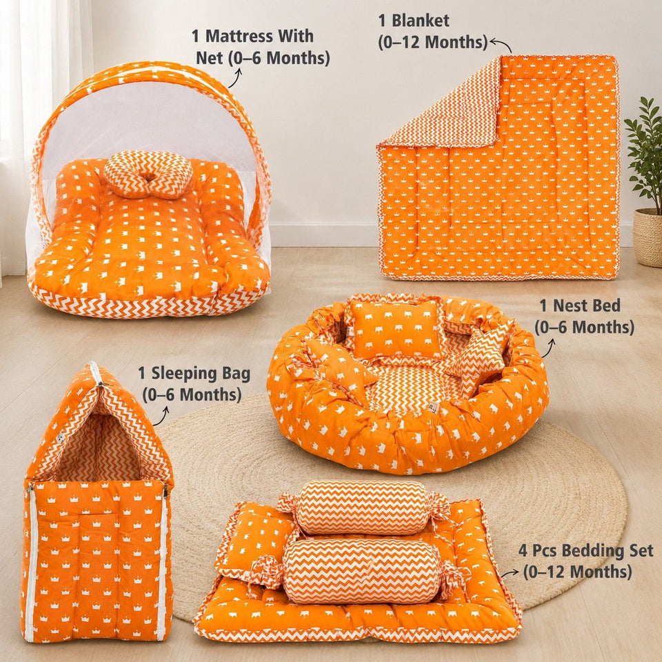 Fareto New Born Baby Full Bedding Set Combo (Crown Orange) (0-6 Months)(F341)