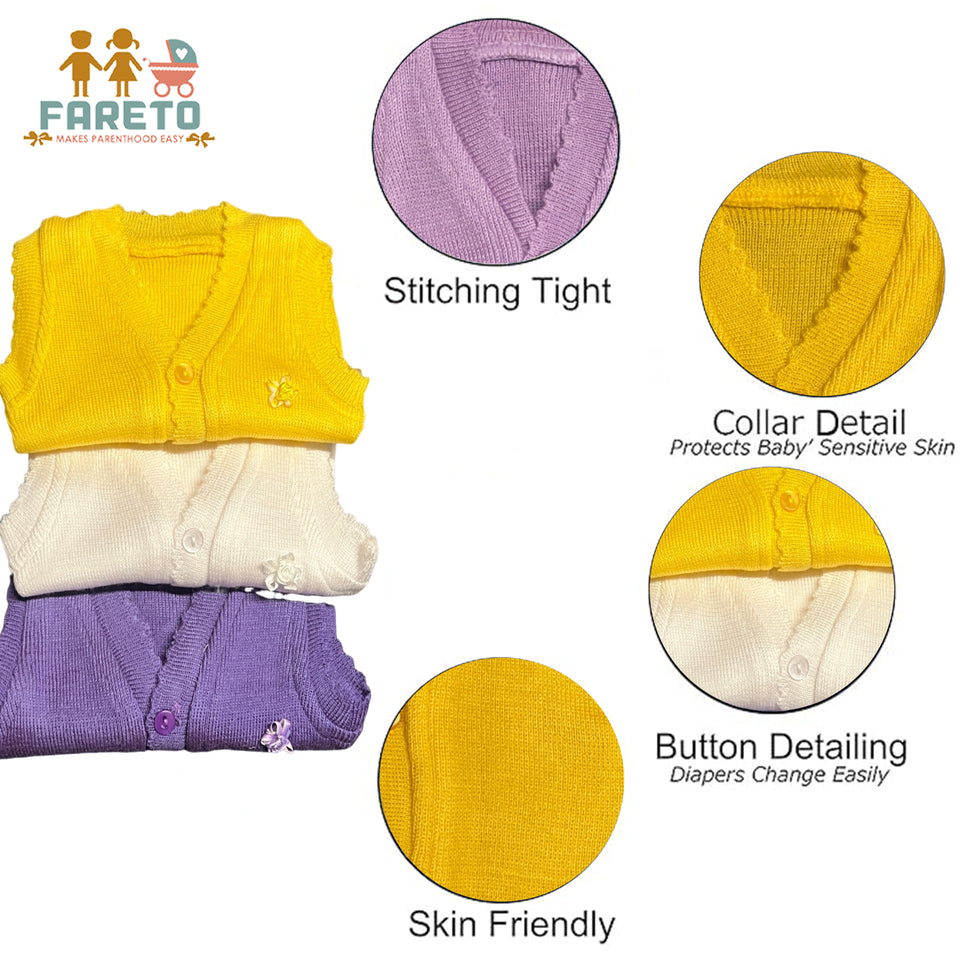 Fareto New Born Baby Winter Sleeveless Sweater | Inner wear Sweater (0-2M)(Pack of 3)(Note: Colours & Designs May Vary)