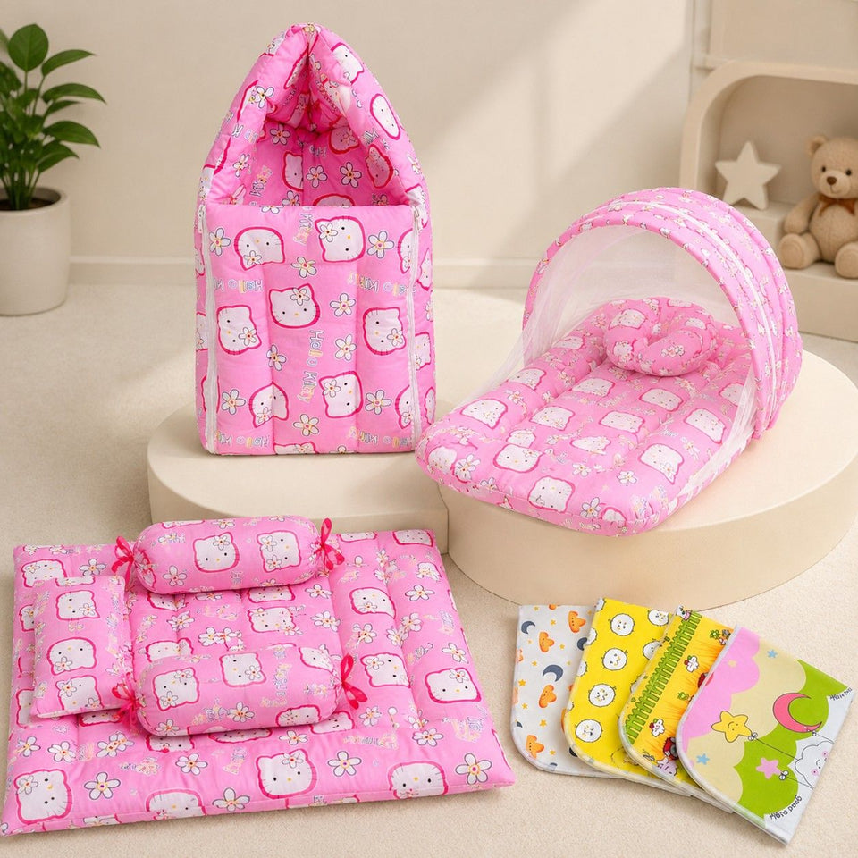 Fareto New Born Baby Combo of Mattress with Net | Sleeping Bag | 4 Pcs Bedding Set | 4 Sheets(0-6 Months)(F44)