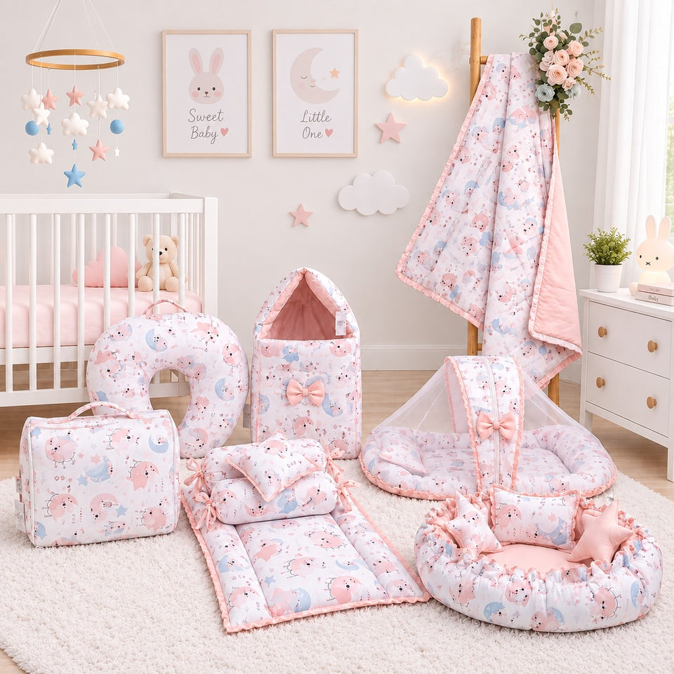FARETO BABY BEDDING ESSENTIALS 1 NEST | 1 MATTRESS WITH NET | 1 CARRY BED | 1 BOLSTER SET | 1 CARRY BAG | 1 PORTABLE BED | 1 FEEDING PILLOW | 1 BLANKET (0-6M)(F807)