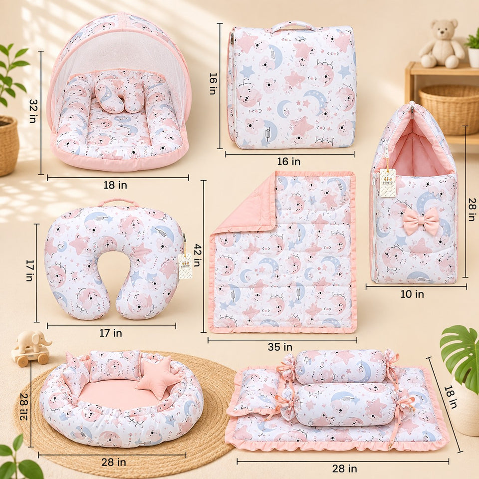 FARETO BABY BEDDING ESSENTIALS 1 NEST | 1 MATTRESS WITH NET | 1 CARRY BED | 1 BOLSTER SET | 1 CARRY BAG | 1 PORTABLE BED | 1 FEEDING PILLOW | 1 BLANKET (0-6M)(F807)