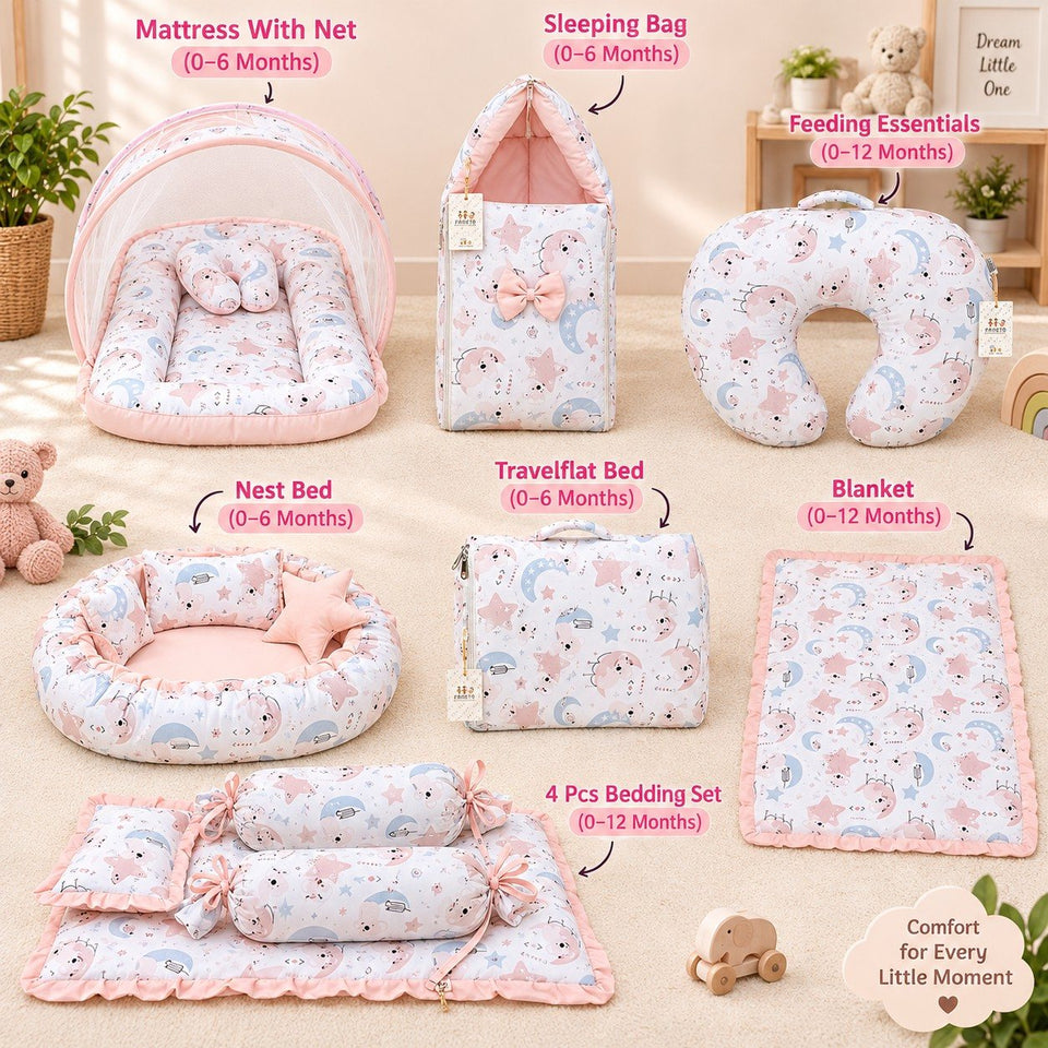 FARETO BABY BEDDING ESSENTIALS 1 NEST | 1 MATTRESS WITH NET | 1 CARRY BED | 1 BOLSTER SET | 1 CARRY BAG | 1 PORTABLE BED | 1 FEEDING PILLOW | 1 BLANKET (0-6M)(F807)