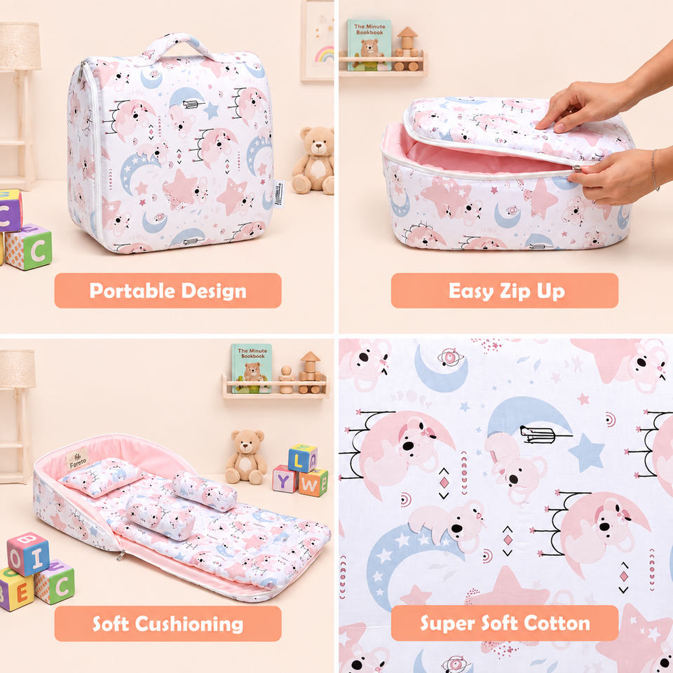 FARETO BABY BEDDING ESSENTIALS 1 NEST | 1 MATTRESS WITH NET | 1 CARRY BED | 1 BOLSTER SET | 1 CARRY BAG | 1 PORTABLE BED | 1 FEEDING PILLOW | 1 BLANKET (0-6M)(F807)