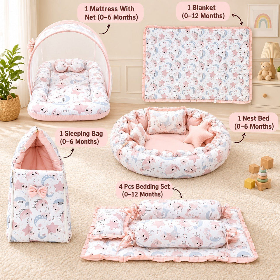 Fareto Premium Complete Baby Bedding Set Essentials Combo – Soft & Comfortable Bedding Kit For Newborns (0–6 Months)(F804)