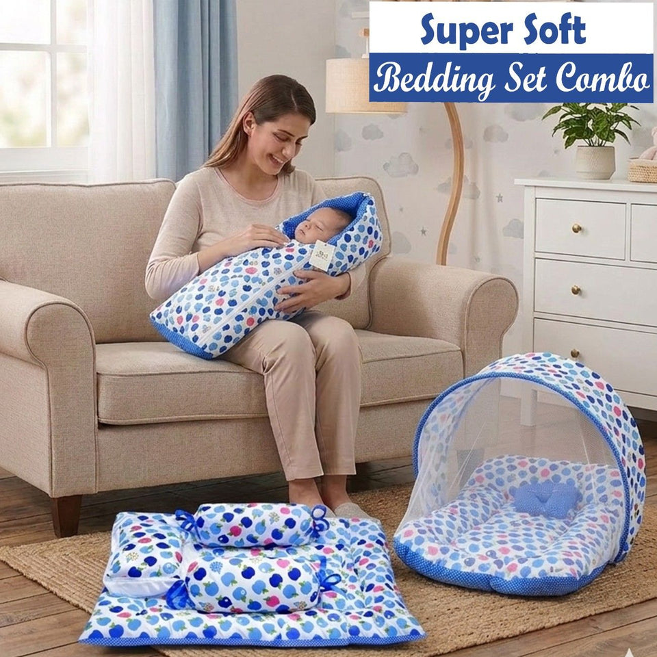 Fareto Combo of Baby Mattress with Net | Sleeping Bag | 4 Pcs Bedding Set(0-6 Months)(F160)
