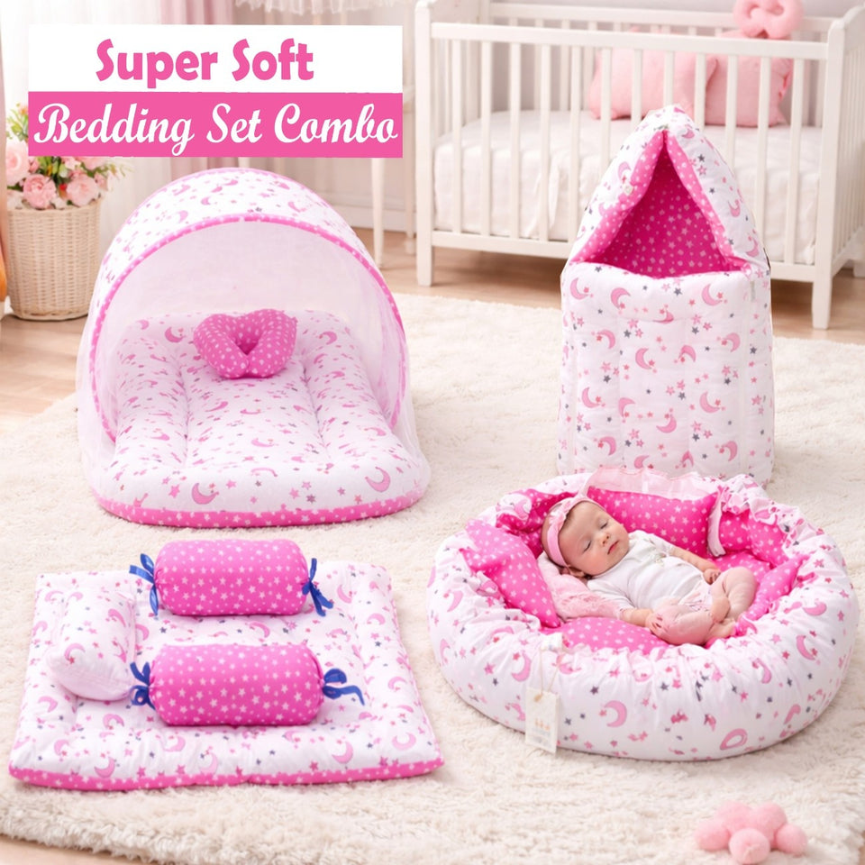 Fareto Combo of Baby Nest | Net with Bed | Carry Bag | 4 Pcs Bedding Set(0-6 Months )(F156)