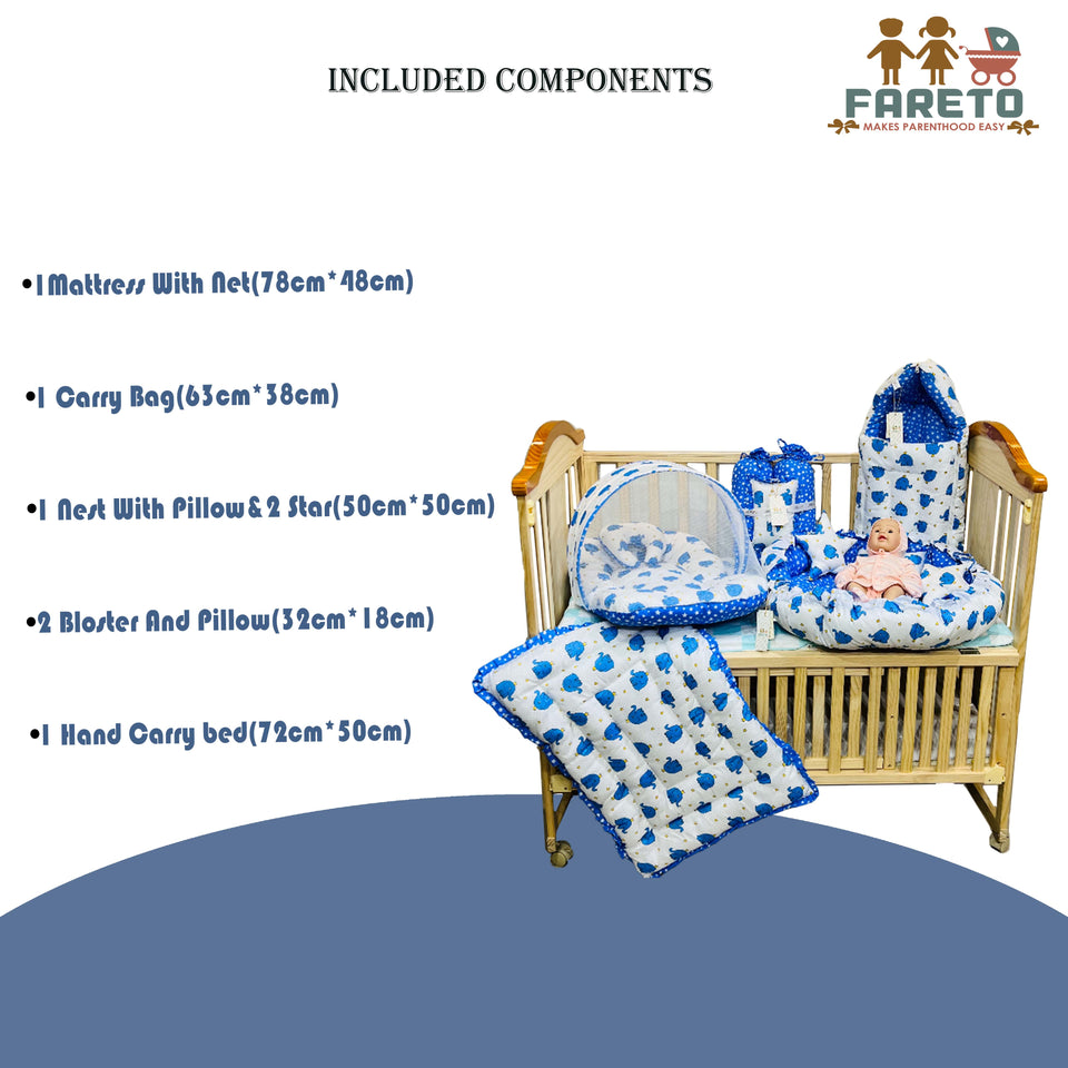 Fareto Complete Blend Cotton Bedding Set essentials Combo For Baby (0-6 Months)(Blue elephant)