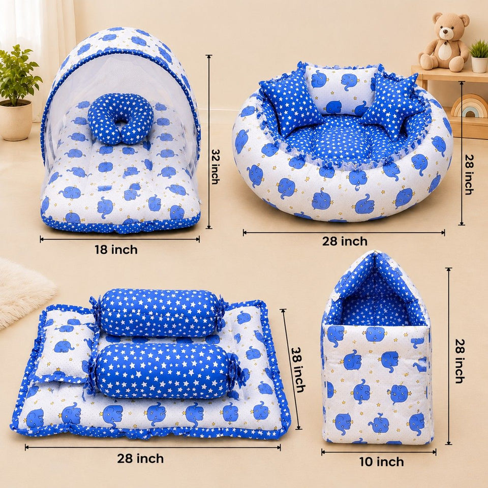 Fareto Complete Blend Cotton Bedding Set essentials Combo For Baby (0-6 Months)(Blue elephant)(F207)