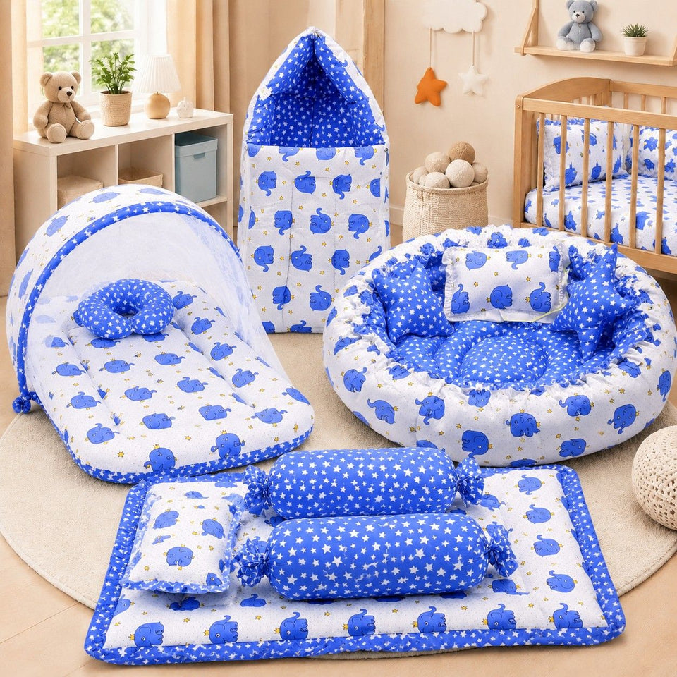 Fareto Complete Blend Cotton Bedding Set essentials Combo For Baby (0-6 Months)(Blue elephant)(F207)