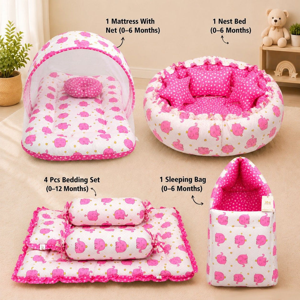 Fareto Complete Premium Bedding Set essentials Combo For Baby (0-6 Months)(Pink elephant)(F208)