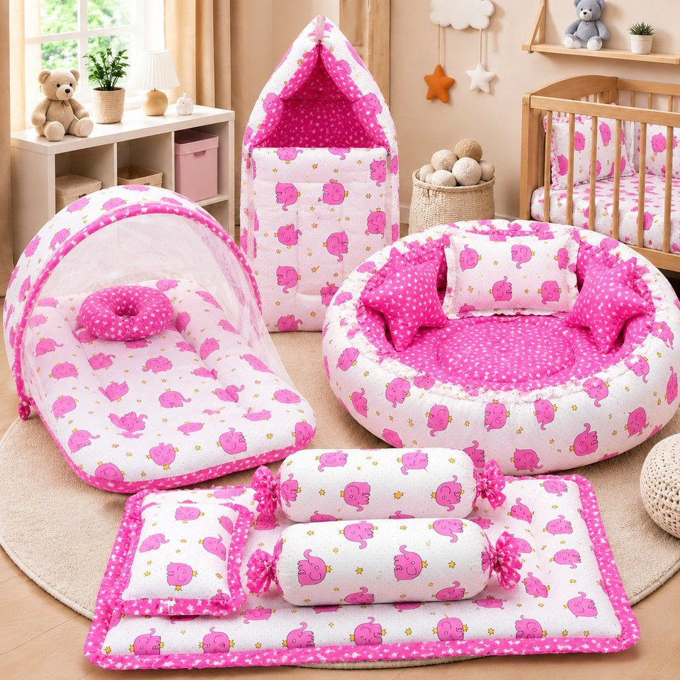 Fareto Complete Premium Bedding Set essentials Combo For Baby (0-6 Months)(Pink elephant)(F208)