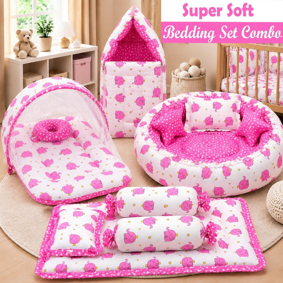 Fareto Complete Premium Bedding Set essentials Combo For Baby (0-6 Months)(Pink elephant)(F208)