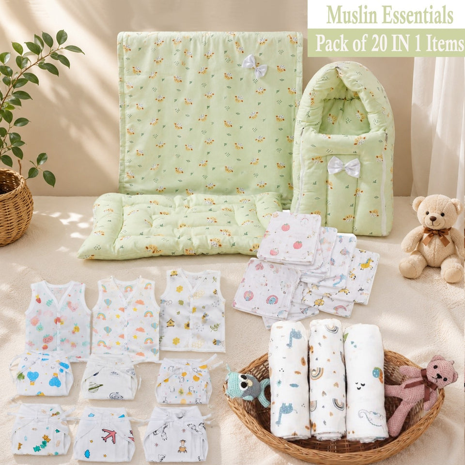 Fareto New born Baby Organic Muslin Cotton Combo set 20 In 1 (0-6 Months)(F564)Baby Bedding & Clothing Combo Set For Muslin