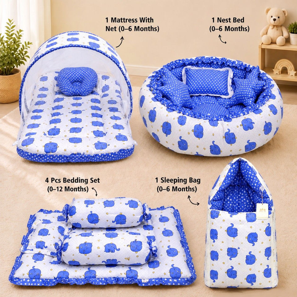 Fareto Complete Blend Cotton Bedding Set essentials Combo For Baby (0-6 Months)(Blue elephant)(F207)