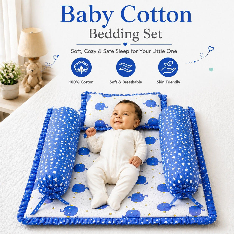 Fareto Complete Blend Cotton Bedding Set essentials Combo For Baby (0-6 Months)(Blue elephant)(F207)