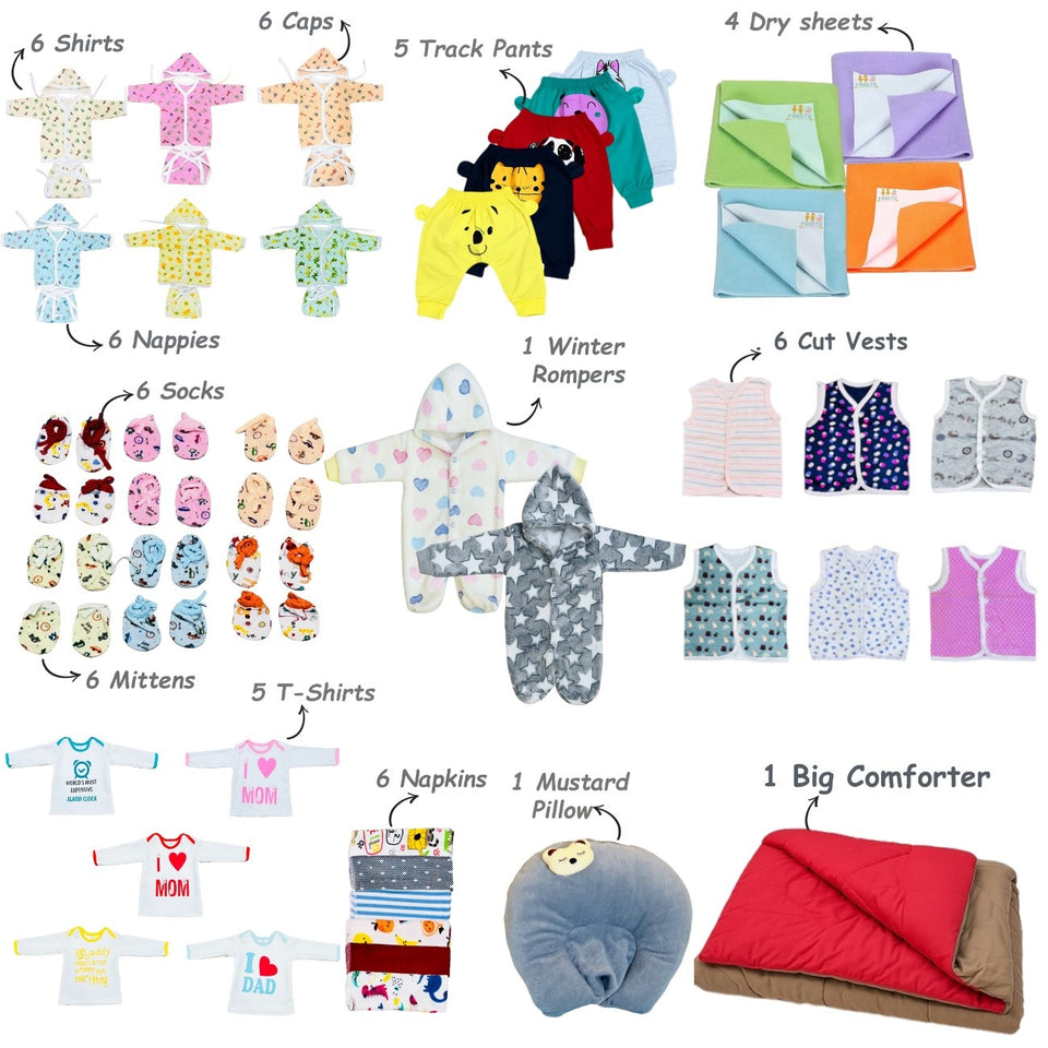 Fareto Premium Newborn Baby Hospital Winter Essentials Combo | 100 in 1  Baby Gift Pack | Maternity Essentials & Bedding Set | 0–6 Months(0-6 Months)(F638)(0-6 months)(F170)