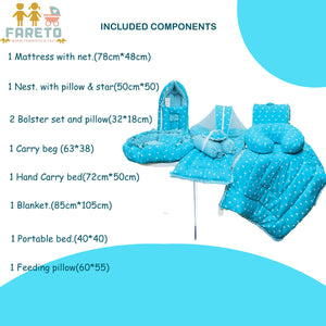 Fareto Baby bedding Essentials 1 Nest | 1 Mattress with net | 1 Carry bed | 1 Bolster set | 1 Carry bag | 1 Portable bed | 1 Feeding pillow | 1 Blanket (0-6M)