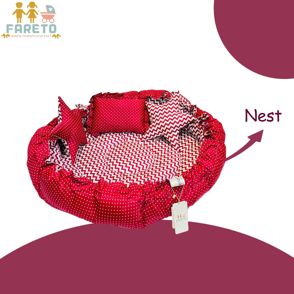 Fareto Baby bedding Essentials 1 Nest | 1 Mattress with net | 1 Carry bed | 1 Bolster set | 1 Carry bag | 1 Portable bed | 1 Feeding pillow | 1 Blanket (0-6M)