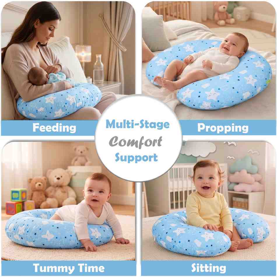 Fareto Baby Feeding Pillow with Detachable Cover Breast Feeding (0-24 Months)(Cloud Blue)(F428)