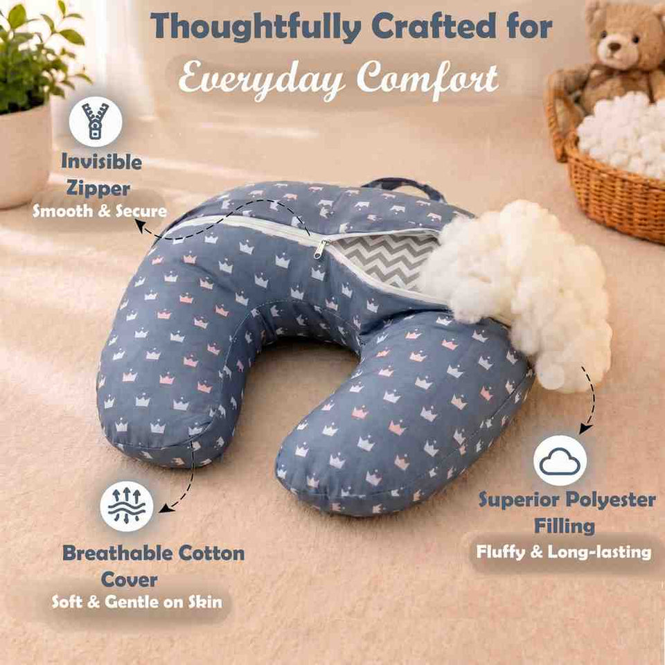 Fareto Baby Feeding Pillow with Detachable Cover Breast Feeding (0-24 Months)(Crown_Grey)(F429)