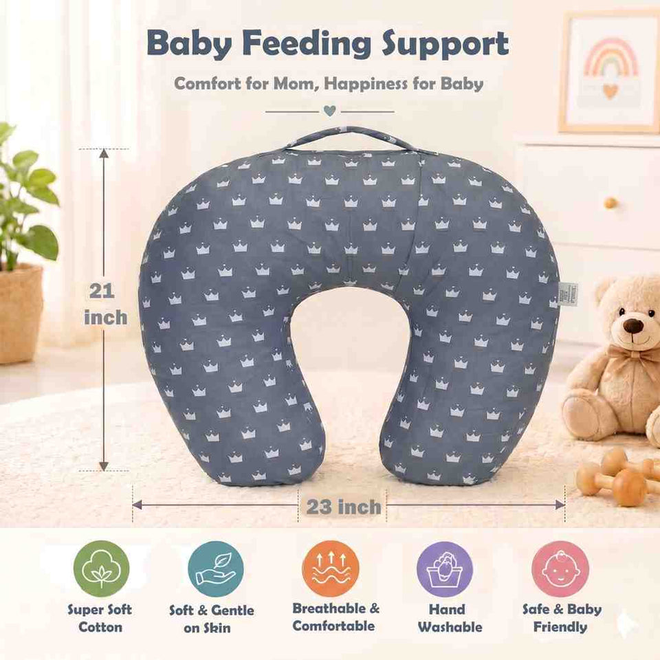Fareto Baby Feeding Pillow with Detachable Cover Breast Feeding (0-24 Months)(Crown_Grey)(F429)