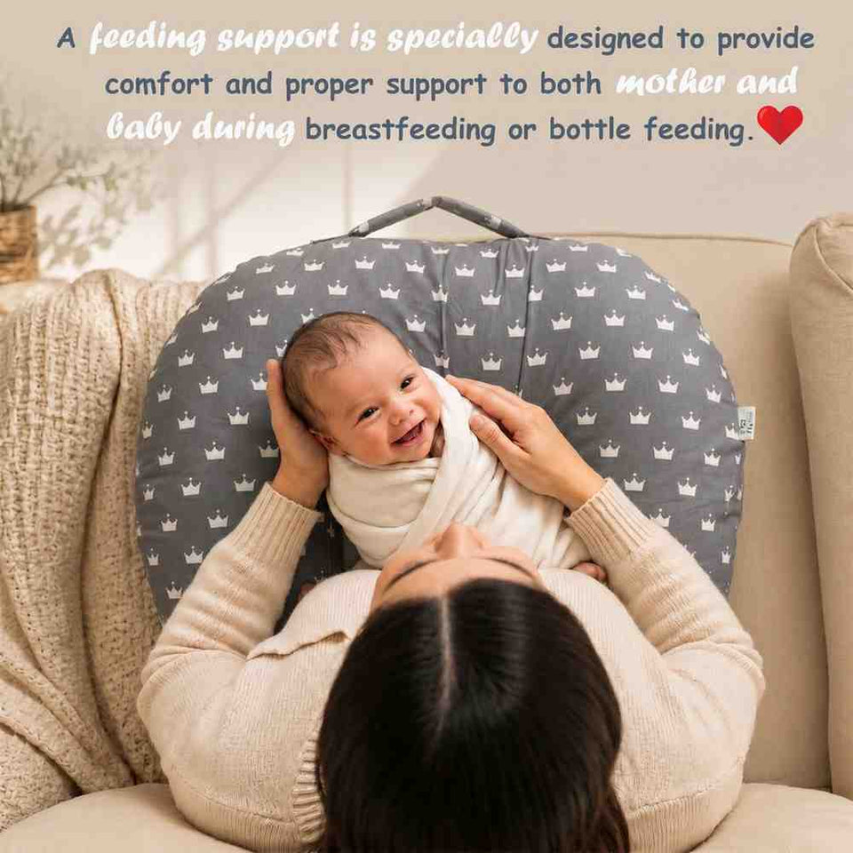 Fareto Baby Feeding Pillow with Detachable Cover Breast Feeding (0-24 Months)(Crown_Grey)(F429)