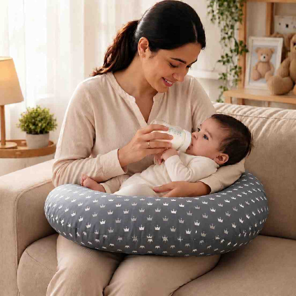 Fareto Baby Feeding Pillow with Detachable Cover Breast Feeding (0-24 Months)(Crown_Grey)(F429)
