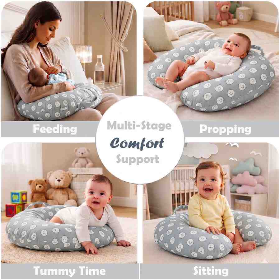 Fareto Baby Feeding Pillow with Detachable Cover Breast Feeding (0-24 Months)(Grey Ship)(F430)