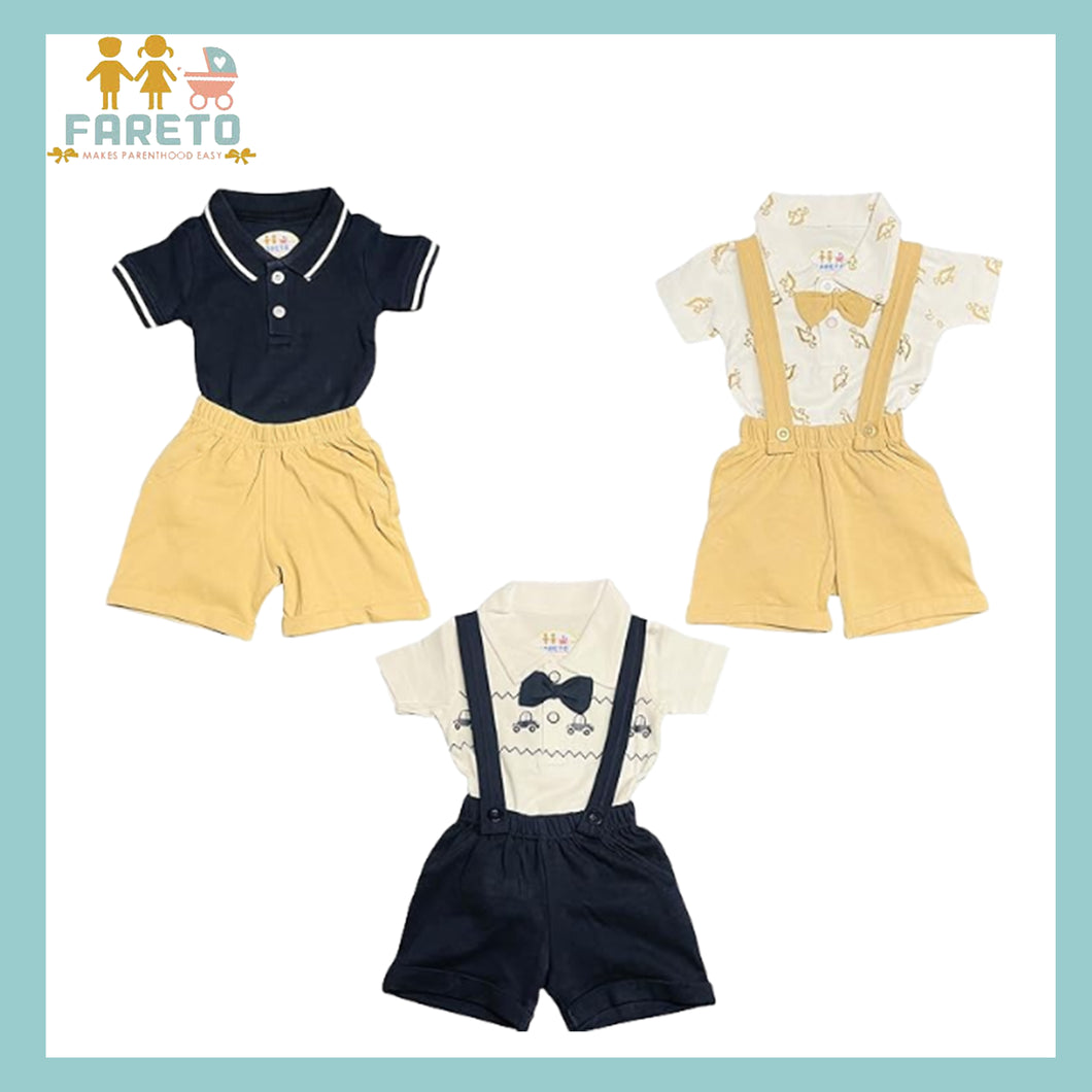 Fareto Cotton Dungaree & T-Shirt Clothing Set for Baby | Casual Dress for Unisex Baby (Pack of 3)