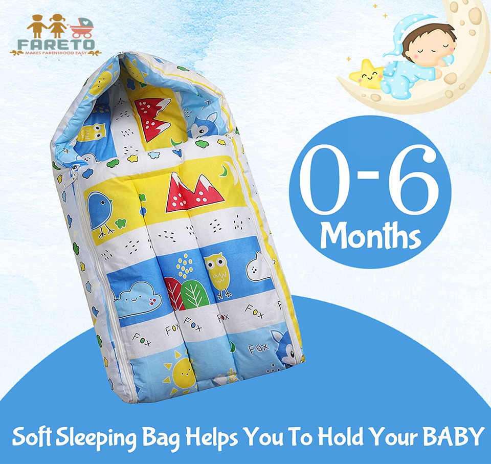 Fareto New Born Baby Combo of Mattress with Net | Sleeping Bag | 4 Pcs Bedding Set | 4 Sheets(0-6 Months)