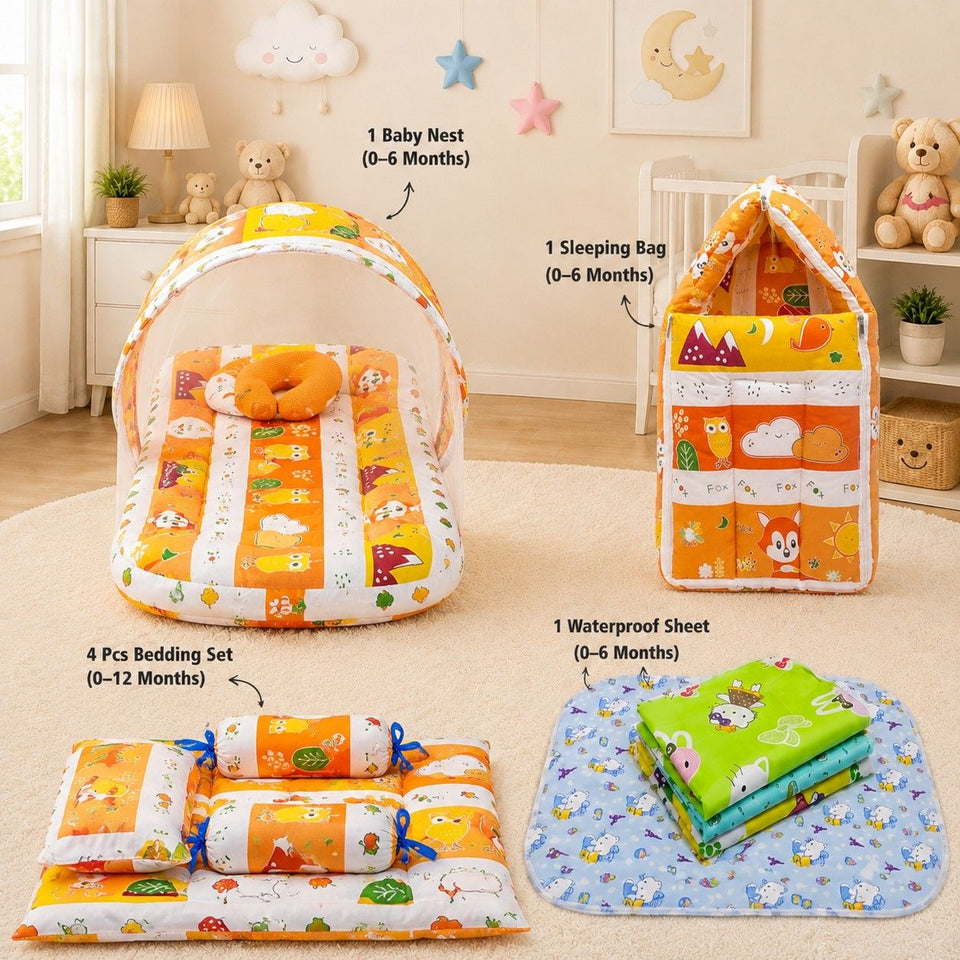 Fareto New Born Baby Combo of Mattress with Net | Sleeping Bag | 4 Pcs Bedding Set | 4 Sheets(0-6 Months)(F37)