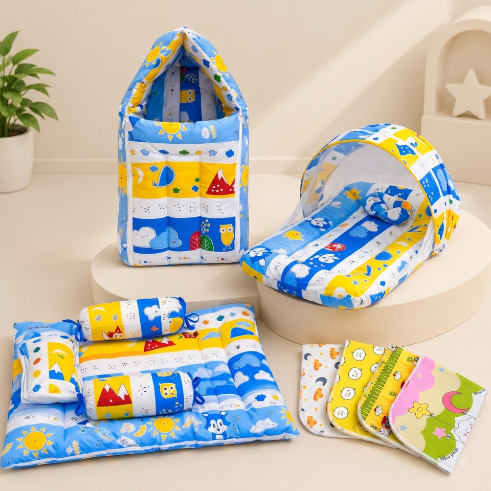 Fareto New Born Baby Combo of Mattress with Net | Sleeping Bag | 4 Pcs Bedding Set | 4 Sheets(0-6 Months)(F37)