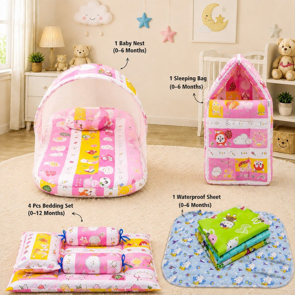 Fareto New Born Baby Combo of Mattress with Net | Sleeping Bag | 4 Pcs Bedding Set | 4 Sheets(0-6 Months)(F37)