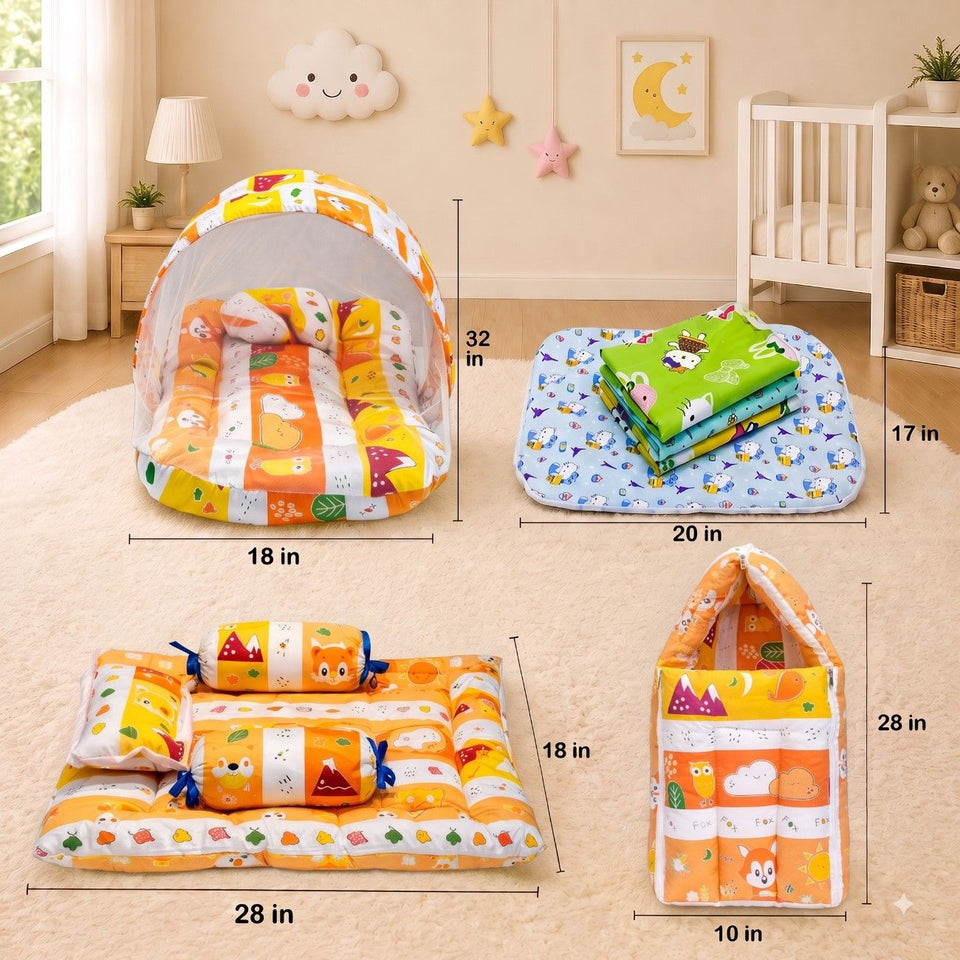 Fareto New Born Baby Combo of Mattress with Net | Sleeping Bag | 4 Pcs Bedding Set | 4 Sheets(0-6 Months)(F37)