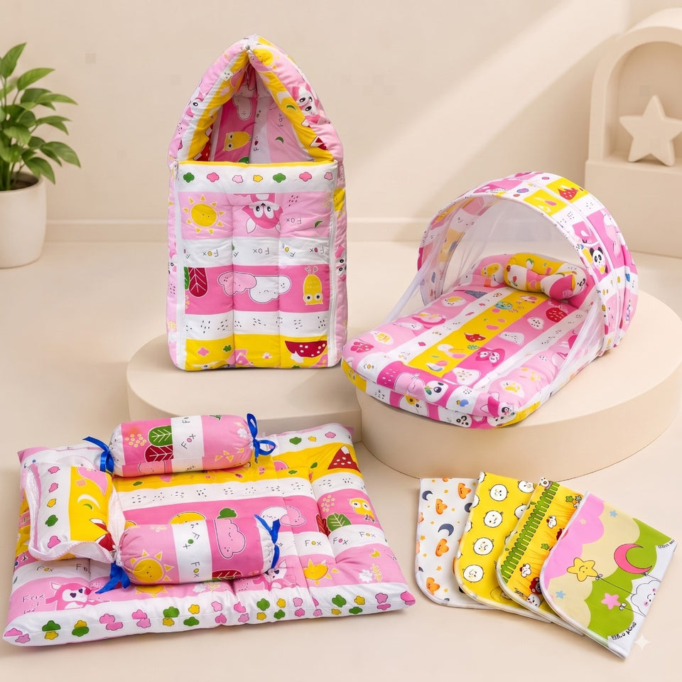 Fareto New Born Baby Combo of Mattress with Net | Sleeping Bag | 4 Pcs Bedding Set | 4 Sheets(0-6 Months)(F37)