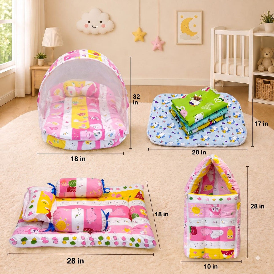 Fareto New Born Baby Combo of Mattress with Net | Sleeping Bag | 4 Pcs Bedding Set | 4 Sheets(0-6 Months)(F37)