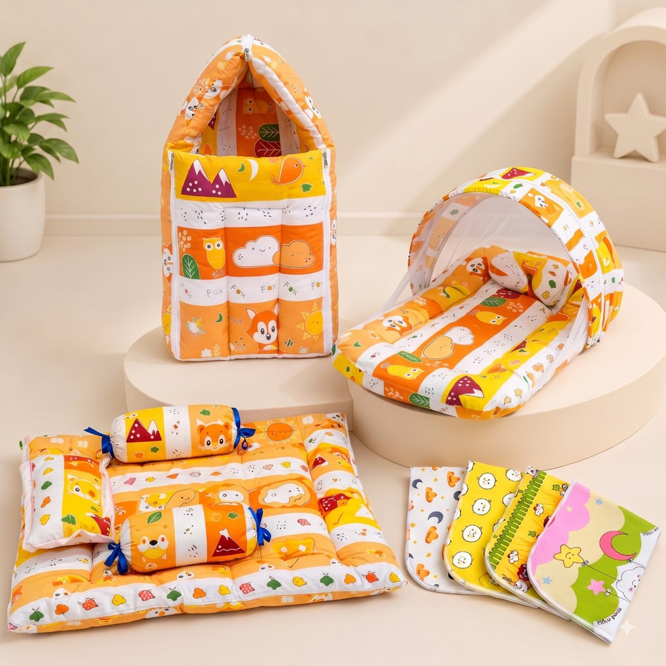 Fareto New Born Baby Combo of Mattress with Net | Sleeping Bag | 4 Pcs Bedding Set | 4 Sheets(0-6 Months)(F37)