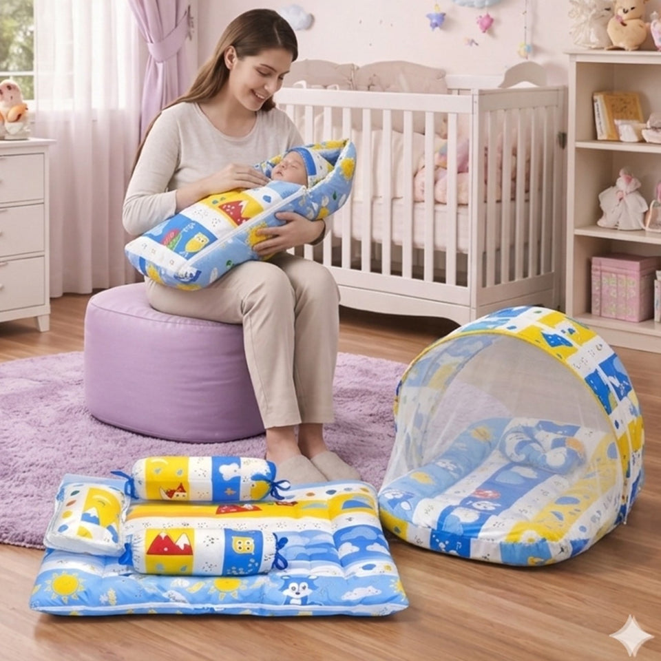 Fareto Combo of Baby Nest | Bed with Net | Carry Bag | 4 Pcs Bedding Set(0-6 Months)(F158)