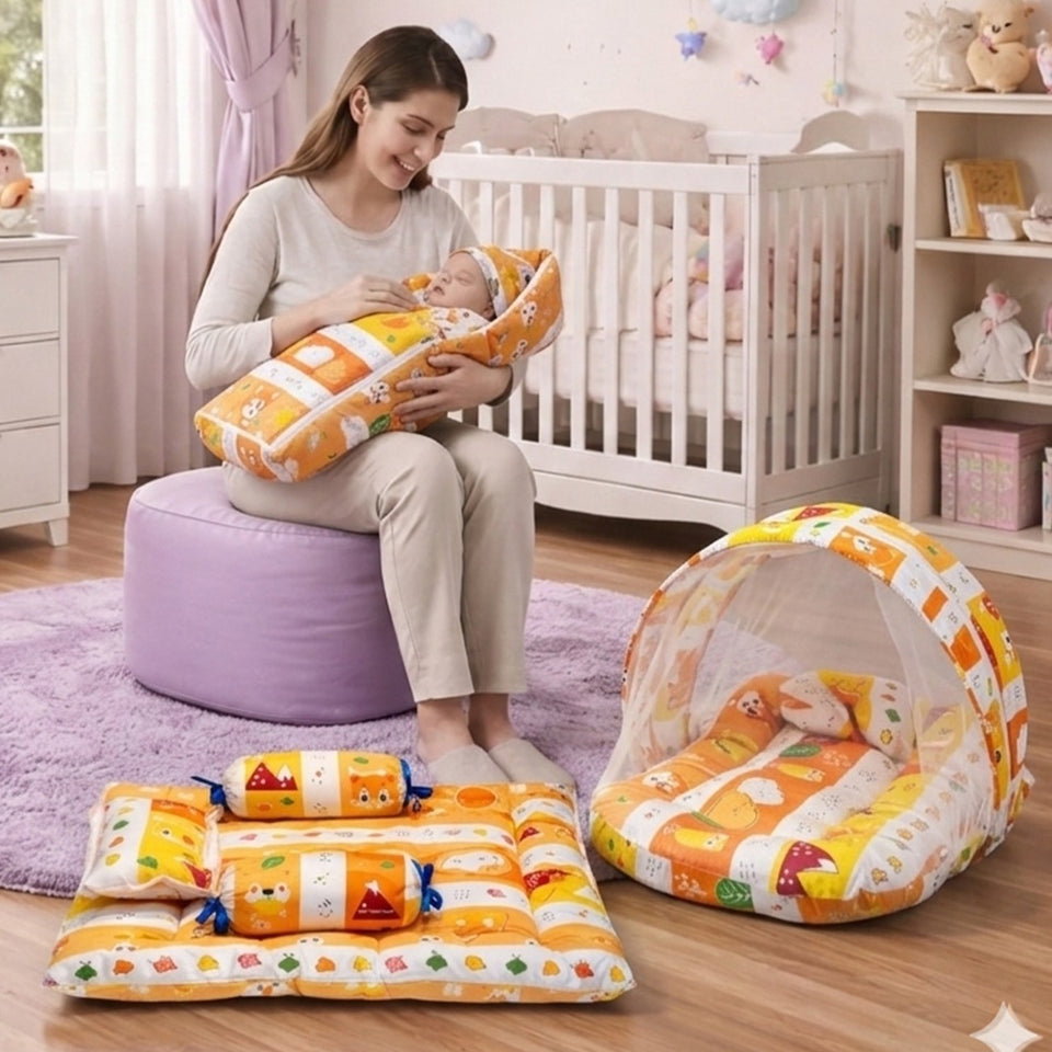 Fareto Combo of Baby Nest | Bed with Net | Carry Bag | 4 Pcs Bedding Set(0-6 Months)(F158)